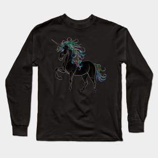 Black Unicorn with Rainbow Mane Long Sleeve T-Shirt